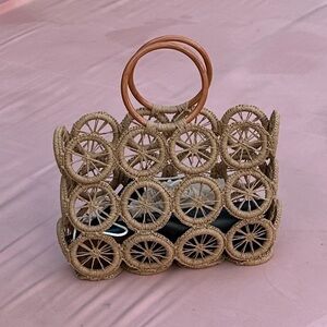 Woven Straw Handbag with Wood Handles